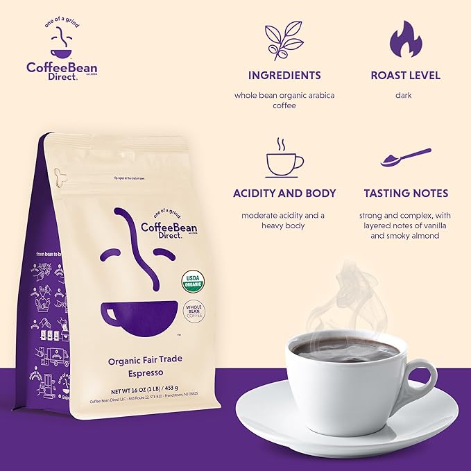 Coffee Bean Direct Organic Fair Trade Espresso Blend, Whole Bean Coffee, Dark Roast, 1 Pound Bag (Pack of 1)