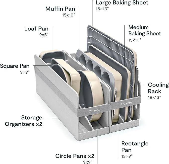 Caraway Nonstick Ceramic Bakeware Set (11 Pieces) - Baking Sheets, Assorted Baking Pans, Cooling Rack, & Storage - Aluminized Steel Body - Non Toxic, PTFE & PFOA Free - Cream
