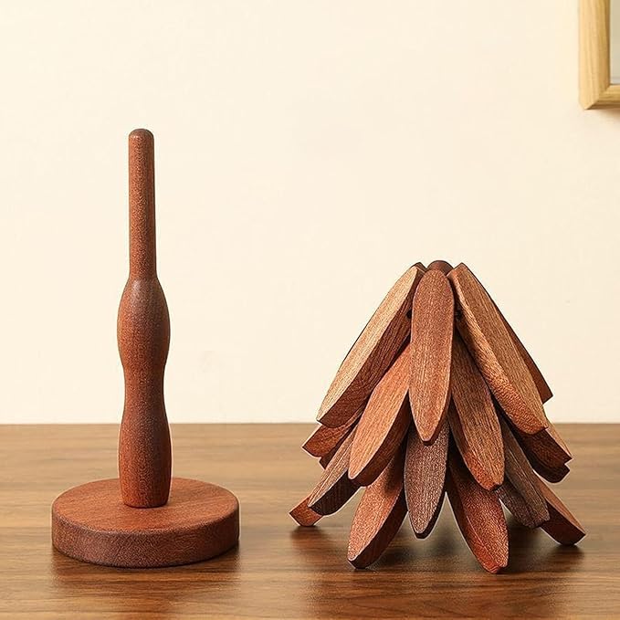 Natural Wood Tree Trivet Set, 𝐍atural Tree Trivet Set - 4 Wooden Trivets,4 Wooden 𝐓rivets & 1 Stand Like a Christmas Trees,for Hot Dish,Pot,Bowl,Teapot,Hot Pot Sets (Natural Wood 5 Trivets,1set)