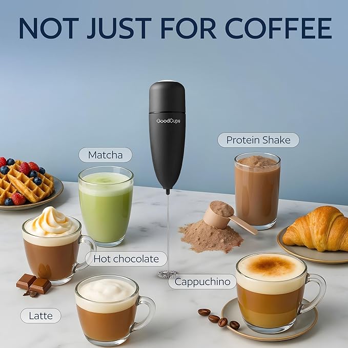 Milk Frother Handheld – Electric Foam Maker Wand with Stainless Steel Whisk – Battery Powered Mini Mixer for Coffee, Matcha, Lattes & Cappuccinos, Black
