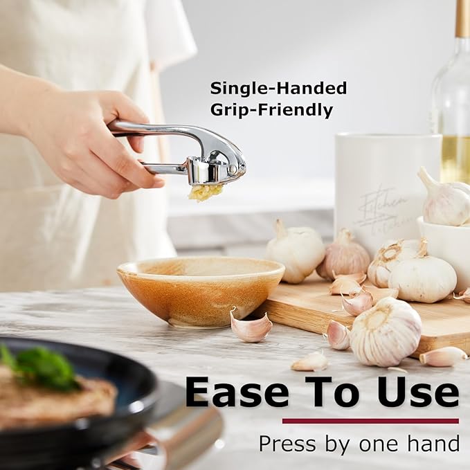 Kitessensu High Effective Garlic Press With Studs, Heavy Duty Garlic Mincer, Easy to Squeeze and Clean, Rust Proof & Dishwasher Safe, Ginger Crusher- Imperial Silver