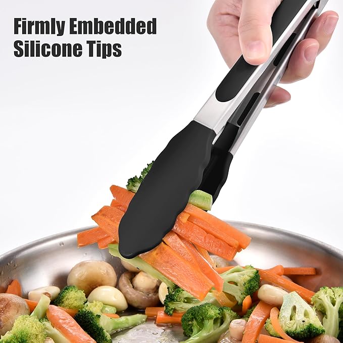 Doosu Kitchen Tongs for Cooking - 600°F Heat Resistant Food Tong with Non-Scratch Silicone Tips, Heavy Duty Stainless Steel Locking Tong for BBQ, Grilling Steak, Serving Salad, Pasta (9in, Black)