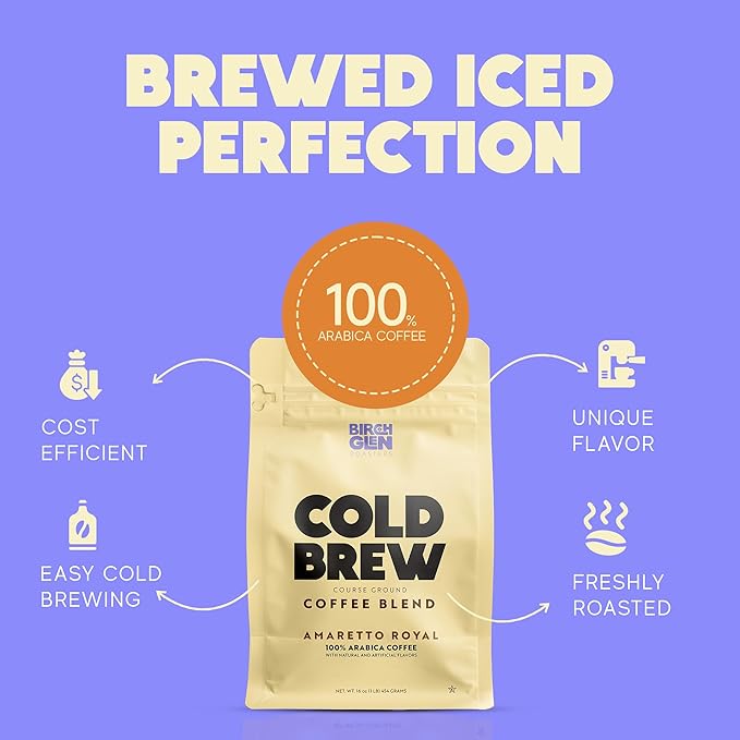 Birch Glen Roasters Cold Brew Coffee | Flavored Coarse Ground Coffee | Medium Roast | Artisanal Roasting | 100% Arabica |1 LB Bag | Amaretto Royale