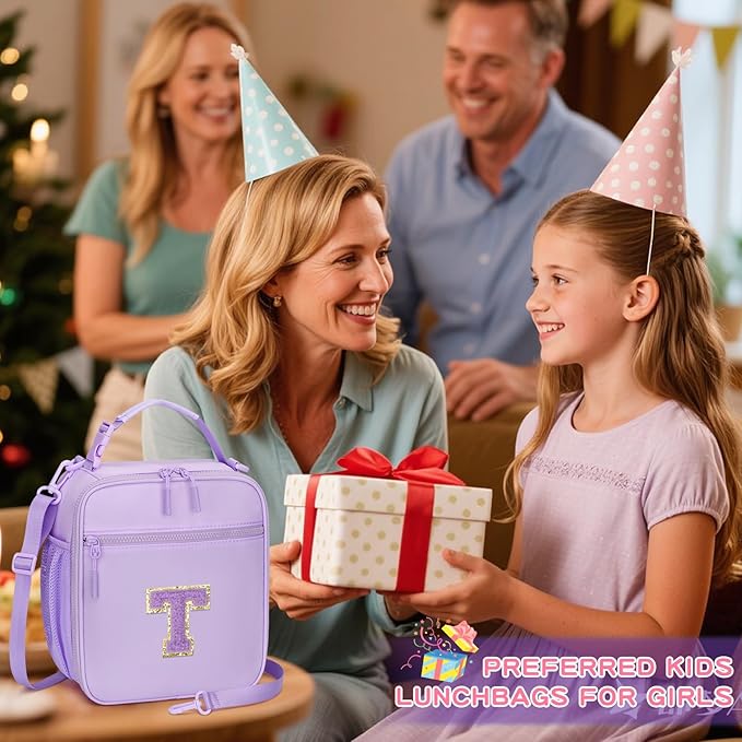 Initial Insulated Lunch Bag for Girls Kids, Back to School Gift, Reusable Leak-proof Lunch Box with Adjustable Strap for School Daycare Travel Picnic (Purple,T)