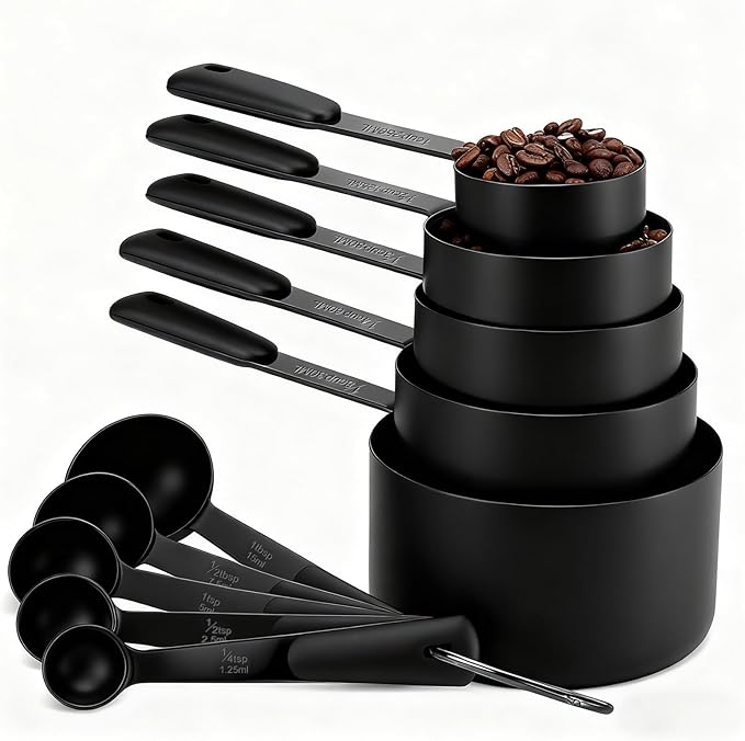 Measuring Cups and Spoons Set, Stainless Steel 10 Piece for Cooking and Baking (5 Cups + 5 Spoons, All Black)