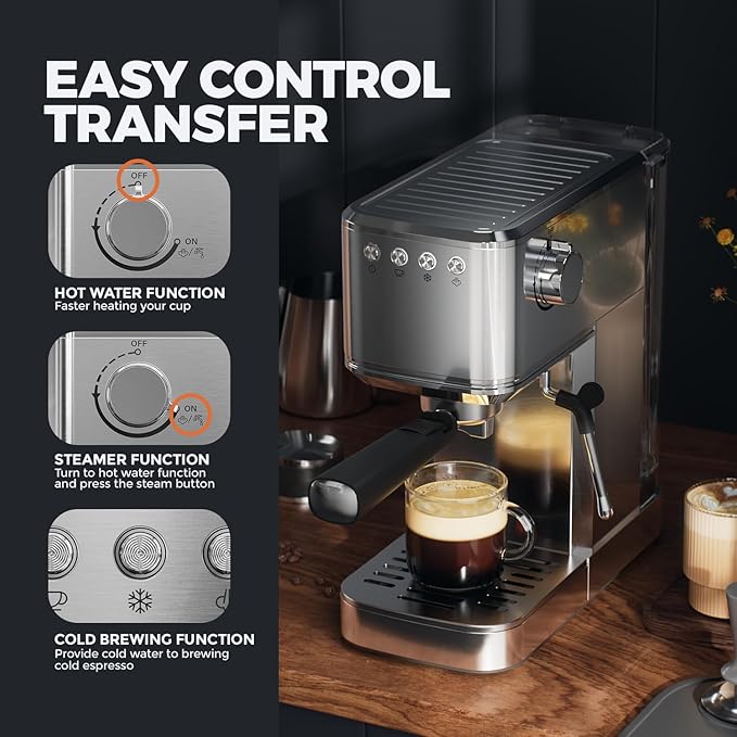 Espresso Machine with Rapid Cold Brew, Hot & Iced Coffee Machine, Espresso Maker with Milk Frother Steam Wand, One Touch Control with 41oz Water Tank for Latte, Cappuccino, Gift