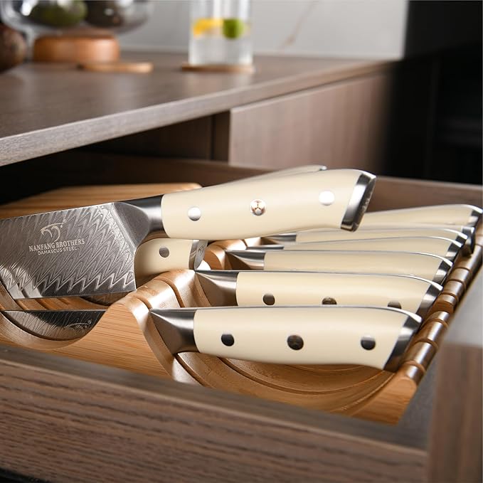 NANFANG BROTHERS Damascus Kitchen Knife Set,6 Pieces Drawer Knife Set,ABS Ergonomic Handle for VG10 Steel Professional Chef Knives Set with Block