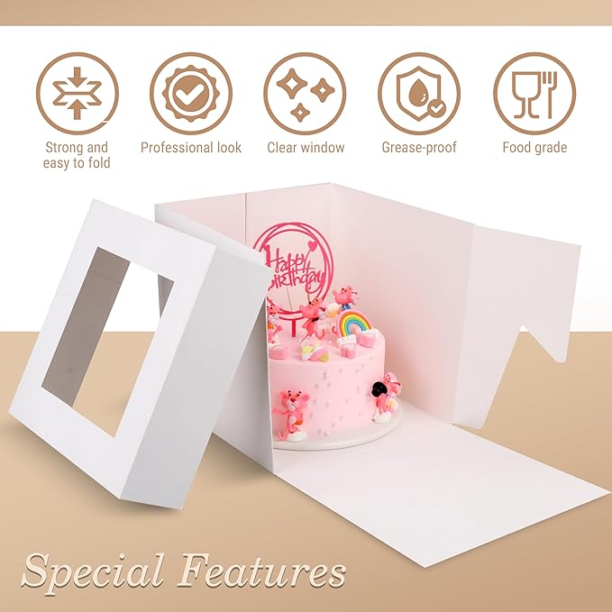 Cakebon Cake Boxes with Boards - 12 Inch Round Cake Drum White (1-pack) - Box With Window for Birthdays, Weddings and Parties