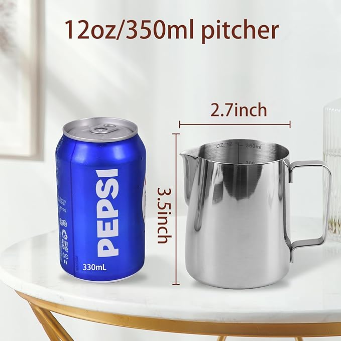 Stainless Steel Espresso Milk Frothing Pitcher - 12OZ/350ML Coffee Milk Frother Cup with Decorating Art Pen for Espresso Machine, Latte Art