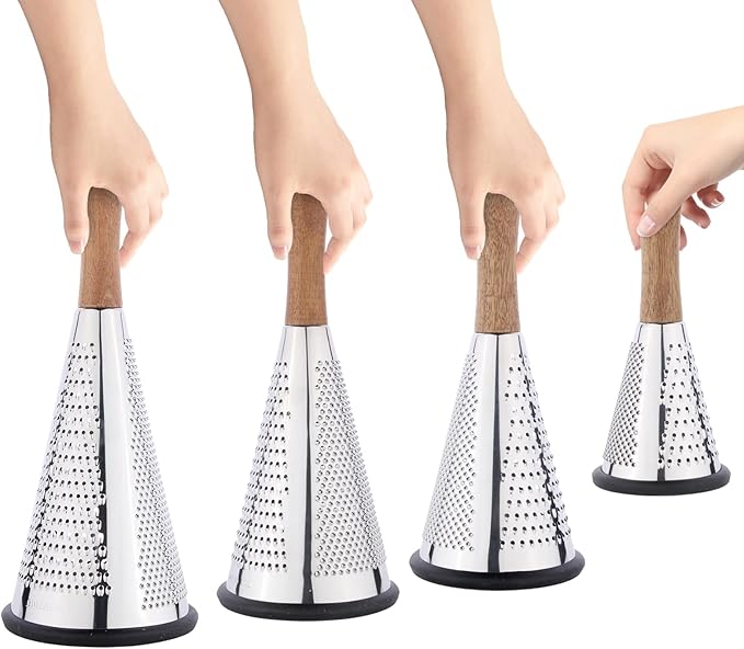 Cone Cheese Grater with Handle Stainless Steel Grater Triple Function Wood Handle Shredder Non-Slip Rubber Bottom Hand Held Multifunction Vegetables Grater Black 4-Size (Size S: 7.7" X 3.5" Black)