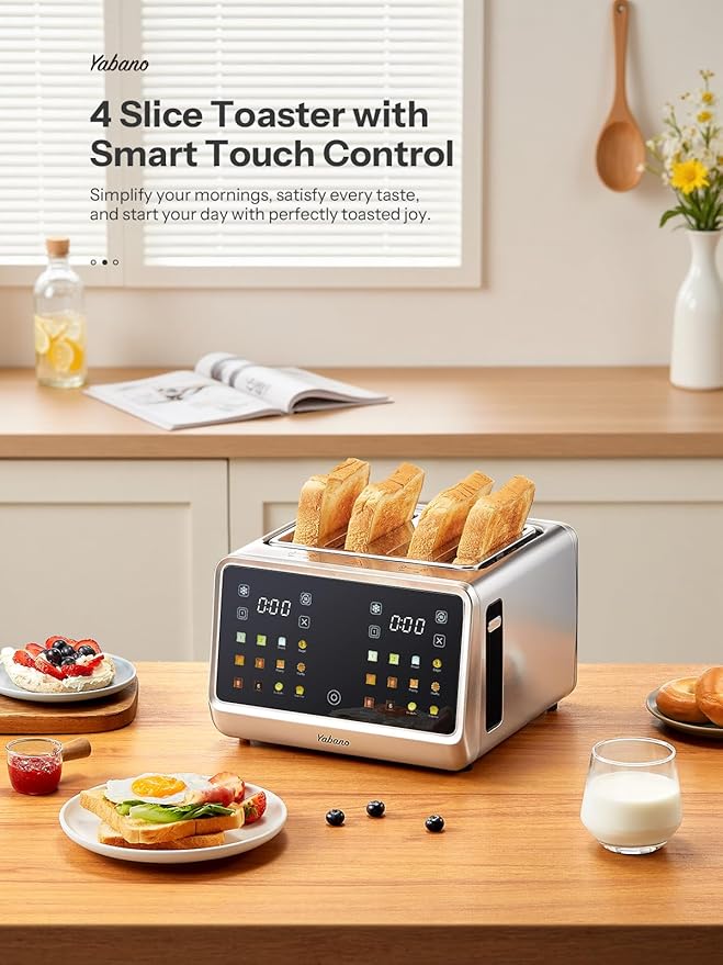 Yabano 4-Slice Toaster with Smart Touch Control, 6 Shade Levels & 6 Bread Settings, Extra Wide Slot for Bagels/English Muffins, Compact Design with Removable Crumb Tray