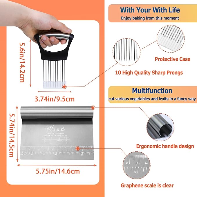 Bench Scraper Dough Chopper Onion Holder for Slicing Slicer Onion Cutter with Protective Cover and Anti-Slip Handle Stainless Steel Chopper for Potato, Tomato, Avocados, Eggs, Vegetable, Onions