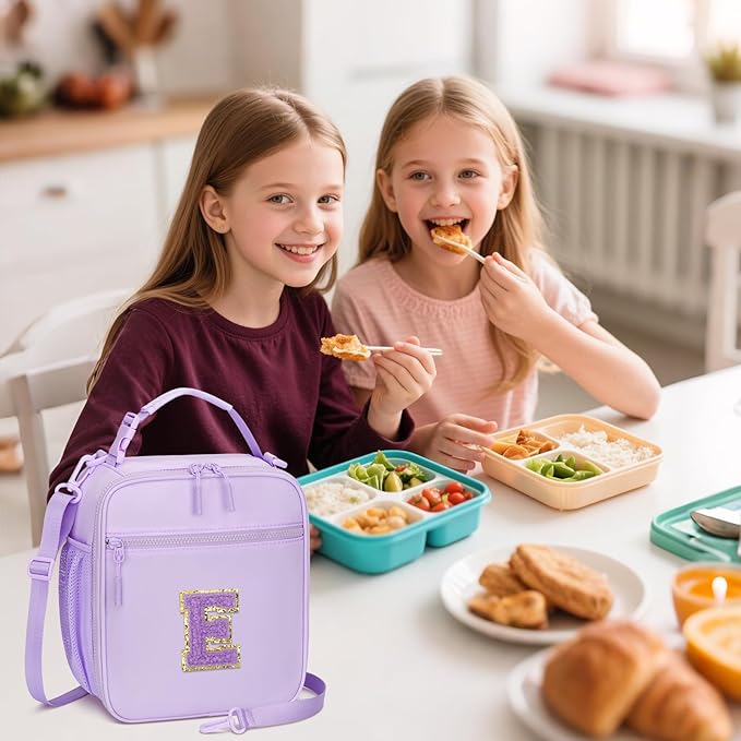 Initial Insulated Lunch Bag for Girls Kids, Back to School Gift, Reusable Leak-proof Lunch Box with Adjustable Strap for School Daycare Travel Picnic (Purple,E)