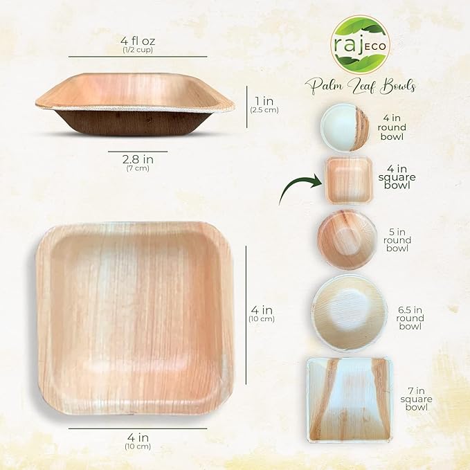 Raj Palm Leaf Bulk Bowls [50-Pack] 4" Square Bowls (10 CASES - 500 PACK) like Bamboo bowls Disposable, Strong, Decorative Compostable Tableware for weddings, Camping, Outdoor