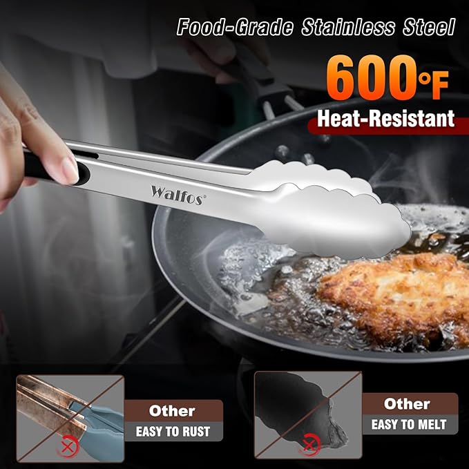 Food Grade Stainless Steel Kitchen Tongs for Cooking,BBQ - 7 ，9 and 12 Inch,Set of 3 Heavy Duty Locking Metal Food Tongs Non-Slip Grip