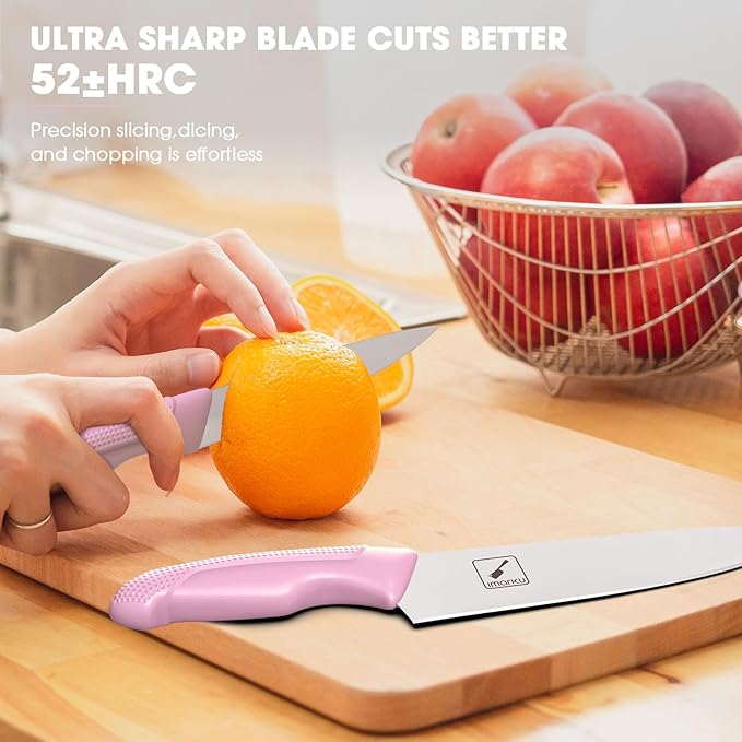 imarku Knife Set with Block, Sharp Knife Set with Built-in Sharpener, Japanese Stainless Steel Kitchen Knife Set with Non-Slip Ergonomic Handle, Dishwasher Safe, Best Holiday Gifts, 14 PCS, Pink