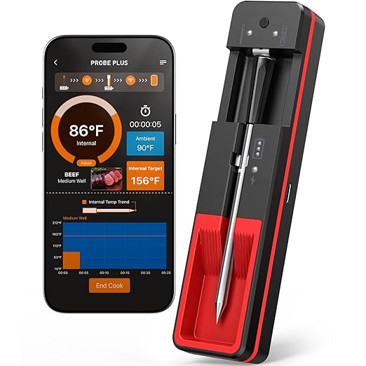 Smart Wireless Meat Thermometer with Ultra-Thin Probe, 6 Sensors Accuracy Digital Food Thermometer 0.5S Instant Read, IP67 Waterproof for BBQ, Grill, Smoker, Oven, Air Fryer,Black