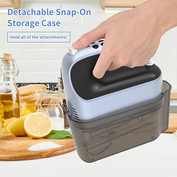 9-Speed Digital Hand Mixer Electric, 400W Powerful DC Motor, Baking Mixer Handheld with Snap-On Storage Case, 5 Stainless Steel Accessories, Flat Beaters, Dough Hooks, Whisk (Ocean Blue)