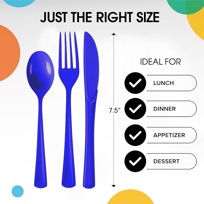 Party Solids Dark Blue Plastic Silverware Heavy Duty 150 Pieces Dark Blue Plastic Cutlery Sets, Utensil Sets, 50 Of Each Forks, Knives & Spoons Disposable Cutlery Set, Flatware Set For Party Supplies
