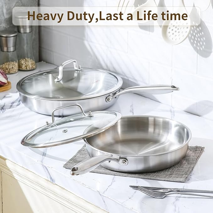 DELARLO Tri-Ply Stainless Steel Pan, 12 inch Frying Pan with Lid, Compatible with All Cooktops Up to 600℉, Fast & Even Heat, Skillet, Induction Cookware, Cooking Pan, Stir Fry Pan, Dishwasher Safe