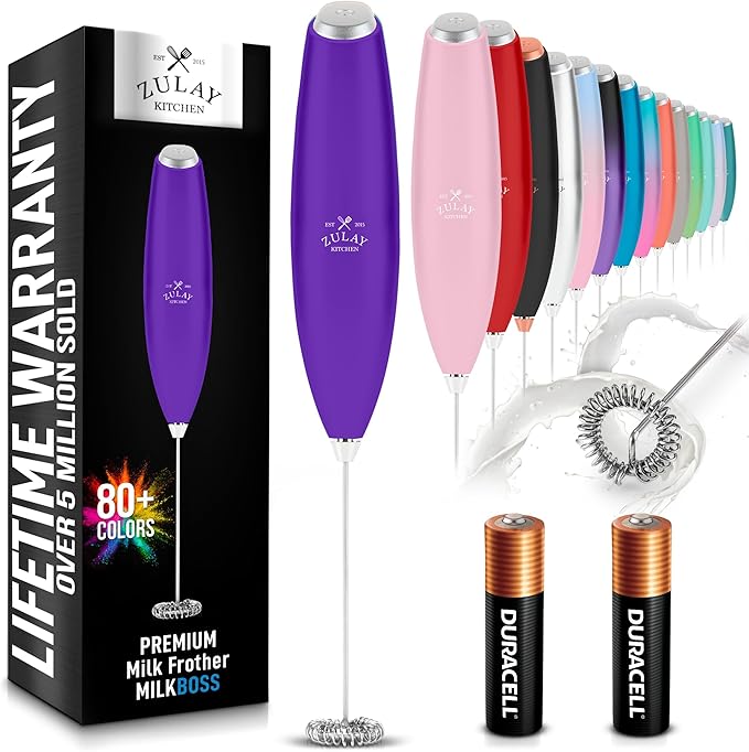 Zulay Kitchen Milk Frother Handheld Electric Whisk with AA Duracell Batteries – Durable Drink Mixer for Coffee, Lattes, Cappuccinos & More - Purple