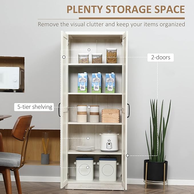 HOMCOM 63" 2-Door Kitchen Pantry, Freestanding Storage Cabinet with 5-Tier Shelving and 2 Adjustable Shelves for Dining Room, Antique White
