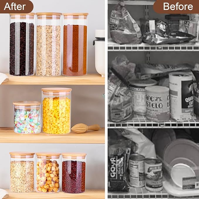 Glass Food Jars with Lids,31oz Glass Storage Containers with Airtight Bamboo Lids,Round Glass Canister Set of 4, Pantry Organizers and Storage for Cookie Flour Oat Pasta Tea Coffee Bean
