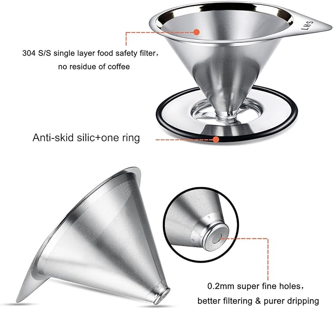 LHS Pour Over Coffee Dripper Stainless Steel Coffee Filter Metal Cone Filter Paperless Reusable Coffee Filter Single Cup Coffee Maker 1-4 Cup With Non-slip Cup Stand and Cleaning Brush