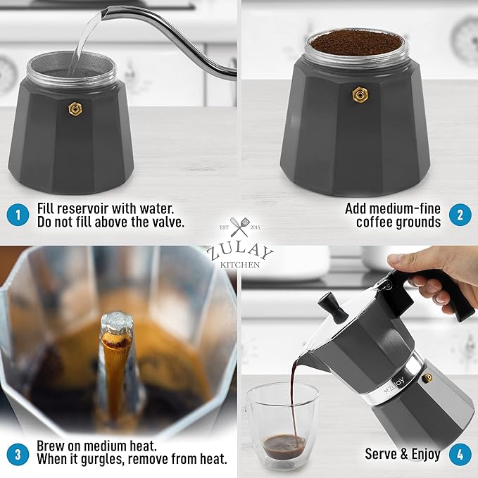 Zulay Classic Italian Style 6 Espresso Cup Moka Pot, Classic Stovetop Espresso Maker for Great Flavored Strong Espresso, Makes Delicious Coffee, Easy to Operate & Quick Cleanup Pot (Dark Gray)