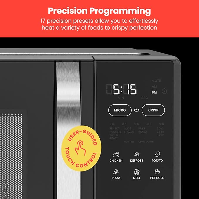 Chefman MicroCrisp Countertop Digital Microwave Oven, Unique "Cook & Crisp" Power Combo, 1.0 Cu Ft, Dual-Cook 1000W Microwave + 1500W Crisper, 6 Touch Presets, Digital Display, Stainless Steel Handle