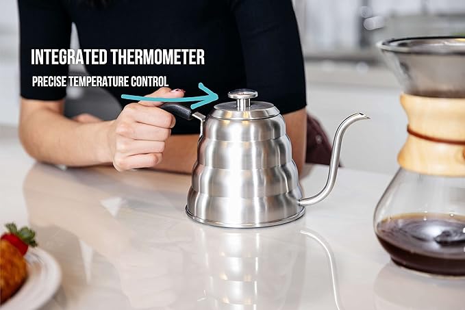 Barista Warrior Gooseneck Kettle for Pour Over Coffee and Tea with Thermometer for Exact Temperature, Precision Pour Drip Spout, Stainless Steel, Compatible with all Stove Tops (1.2 Liter, 40 fl oz)