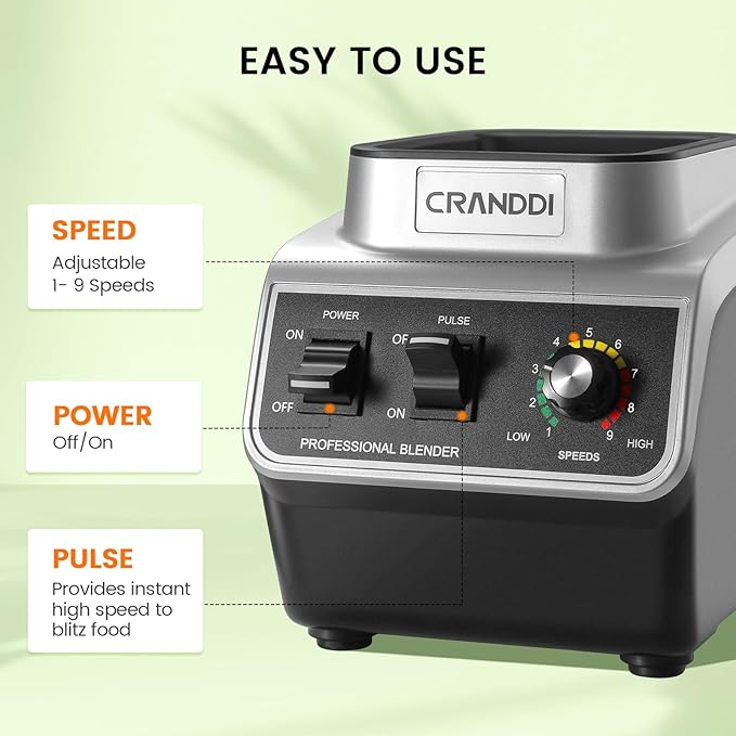 CRANDDI Professional Commercial Blender, Max 1500W, 80oz Pitcher, Powerful Blender with Tamper for Smoothie, Ice Crushing, Variable 9 Speeds Control,110V, K96, Black