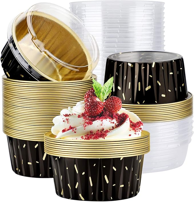 EUSOAR Muffin Liners, 50pcs 5oz Disposable Ramekins, Aluminum Foil Muffin Cupcake Liners Cups with Lids, Disposable Aluminum Foil Cupcake Baking Cups Holders Cases Boxes Pans with Lids