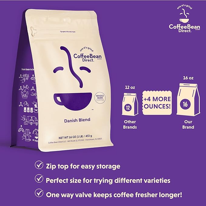 Coffee Bean Direct Danish Blend, Whole Bean Coffee, Dark Roast, 1 Pound Bag (Pack of 1)