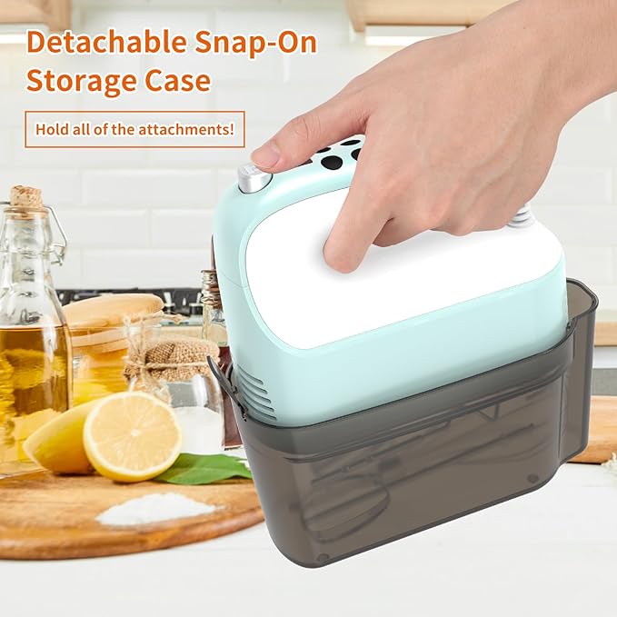 9-Speed Digital Hand Mixer Electric, 400W Powerful DC Motor, Baking Mixer Handheld with Snap-On Storage Case, 5 Stainless Steel Accessories, Flat Beaters, Dough Hooks, Whisk (Ice Blue & White)