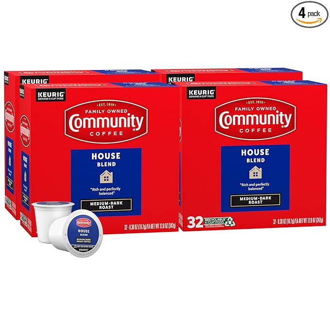Community Coffee House Blend, Medium-Dark Roast, Single-Serve Keurig K-Cup Pods, 32 Count (Pack of 4)