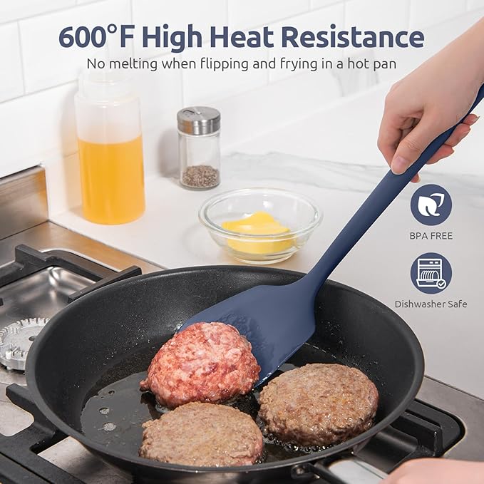 600℉ Heat Resistant Silicone Turner: U-Taste 13.6in Solid Kitchen Spatula Flipper, BPA Free Flexible & Thin Seamless Cooking Utensil for Flipping Egg, Pancake in Nonstick Cookware(Midnight Blue)