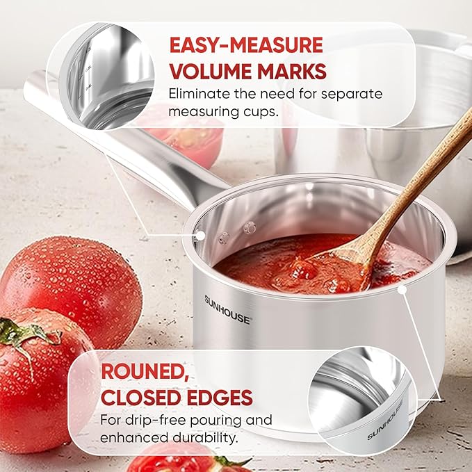 SUNHOUSE – 1.5 Quart Stainless Steel Sauce Pan with Lid - PFOA-FREE, High Stainless Steel Sauce Pan, Induction base, Stay-Cool Handle, Compatible with All Cooktops Gas, Geramic, Electric etc.