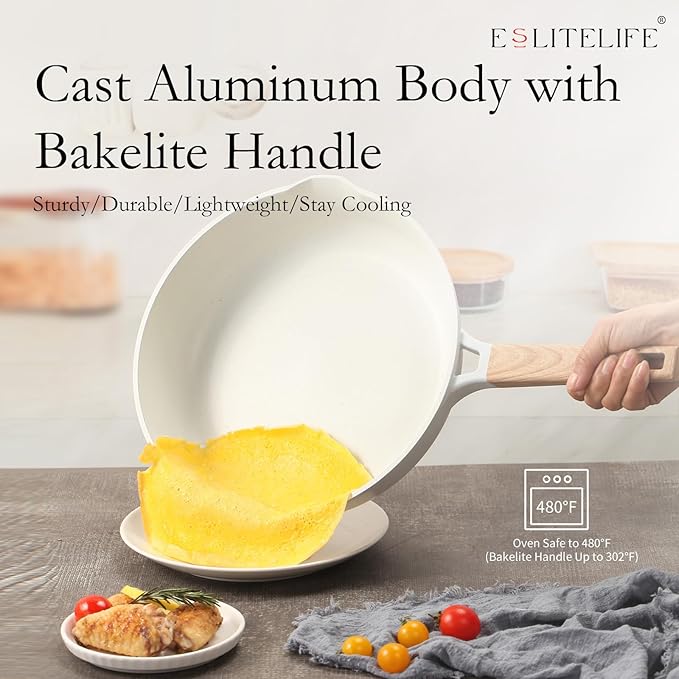 ESLITE LIFE Frying Pans Set with Lids Nonstick Skillets Set Egg Omelette Pans, Healthy Ceramic Coating Cookware Chef's Pan, Compatible with All Stovetops, PFOA Free (White,7-Piece)