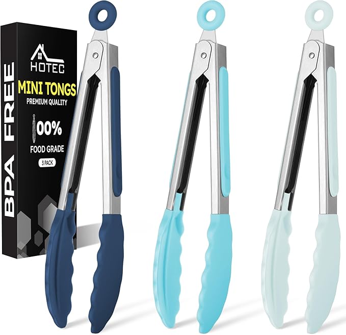 Hotec Mini Silicone Kitchen Tongs for Cooking - 7-Inch Small Serving Tongs with Silicone Tips, Set of 3 (Blue)