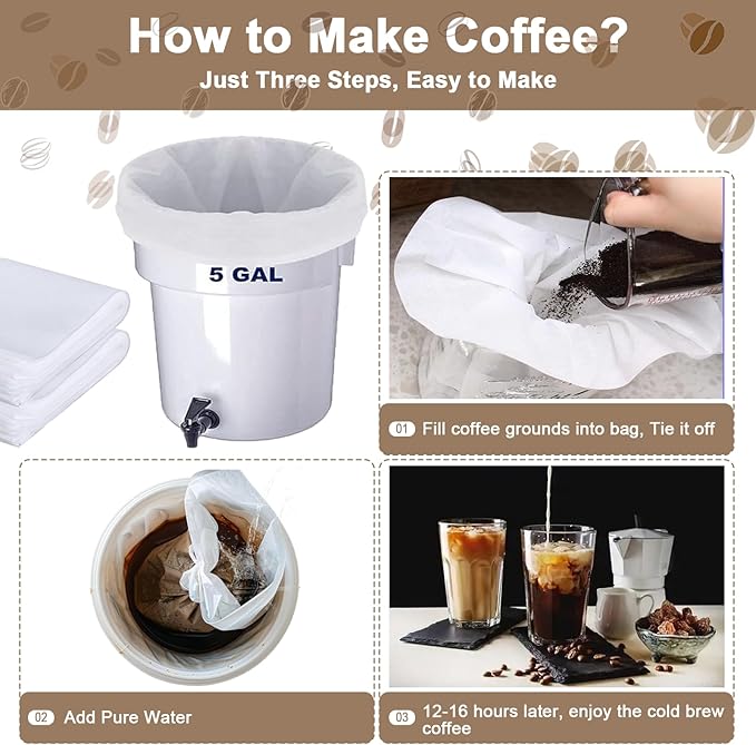 100 Pack Commercial Cold Brew Coffee Filters for 5 Gallon Buckets, 20" X 20" Commercial Cold Brew Bags for Commercial Model Cold Brew Coffee Makers, Brew Up To 5 LBS Coffee