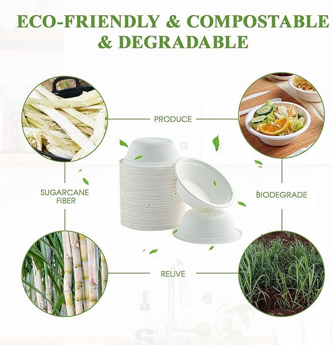 Vplus 200 Pack 12 OZ Paper Bowls, Disposable Compostable Bowls Bulk, Eco-friendly Bagasse Bowls, Heavy-duty Bowls Perfect for Milk Cereals, Snacks, Salads