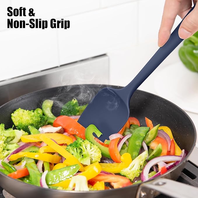 Heat Resistant Silicone Spoon Spatula, Doosu 600°F High Temp Flexible Cooking Spoons Kitchen Rubber Spoonula Scratch-Proof for Mixing Stirring Scraping Serving Non-Stick Cookware (11.4in, Navy Blue)