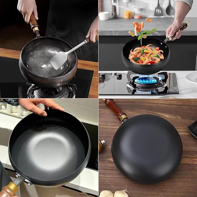 Jinswhdre Cast Iron Skillet, 9.5/11in Jinswhdre Japanese Irons Pan, Hand Forged Uncoated Iron Pan with Lid Spatula, Non-stick Wok for Cooker Gas Stir Fry Pans Durable and Rust-Free (Glass Lid,9.45in)
