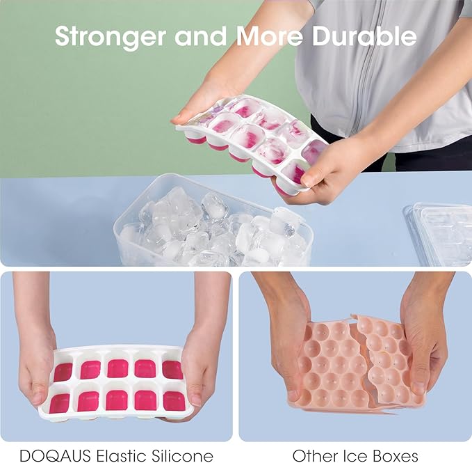 DOQAUS Ice Cube Tray with Lid and Bin, 4 Pack Silicone Plastic Ice Cubes Trays for Freezer with Box/Container, Stackable with Storage Iced Bucket Kits, Scoop, for RV, Soup, Food, Cocktail, Coffee