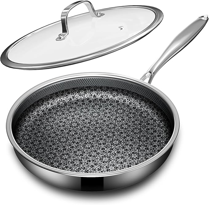 Non Stick Frying Pans with lid, 8 inch Hybrid Frying Pans Nonstick, non stick Stainless Steel Skillets, Dishwasher and Oven-Safe, nonStick Cookware, Induction Compatible Cooking Pan