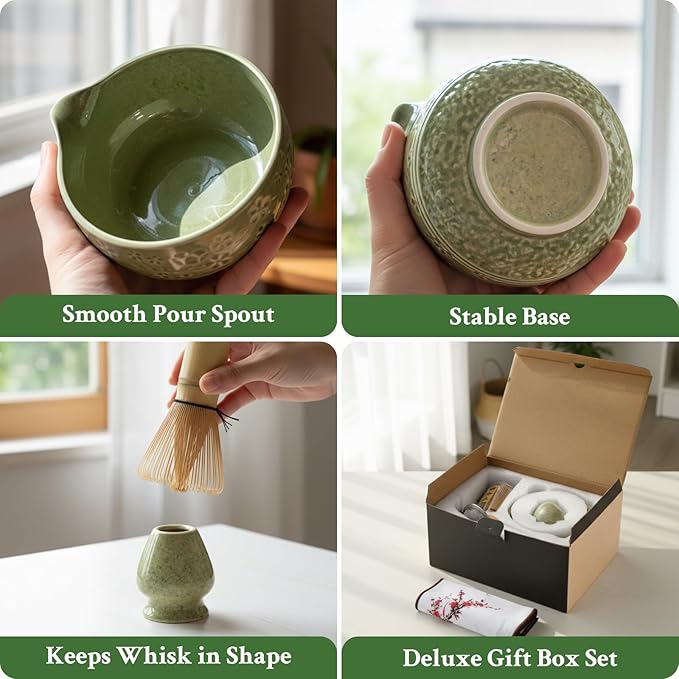Matcha Whisk Set - Ceramic Matcha Set Includes Matcha Bowl, Whisk and Holder, Bamboo Scoop, Scoop Rest, Sifter and Tea Towel - 7 Pcs Ceremonial Gift Kit for Matcha Lovers (Floral Green)