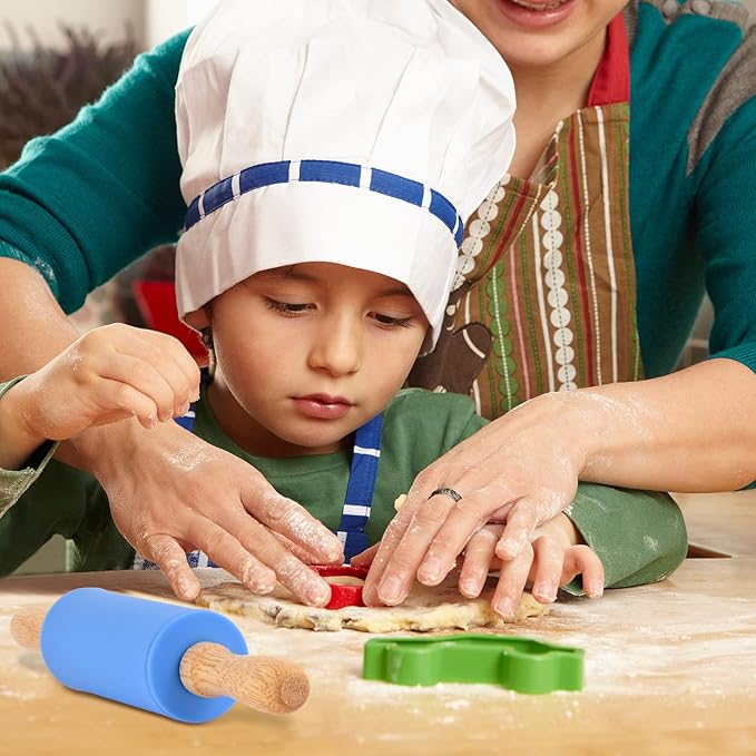 Mini Silicone Rolling Pin for Kids, Non-stick Surface Wood Handle, 9 Inch 1 Pack Red Point