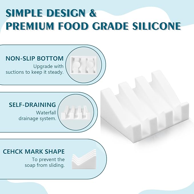 Self Draining Soap Dish,Silicone Suction Cup Soap Holder, Bathroom Soap Dish for Bar Soap,Can Extend Soap Life,Bathroom, Bath Tub, Kitchen Sink (4, White)