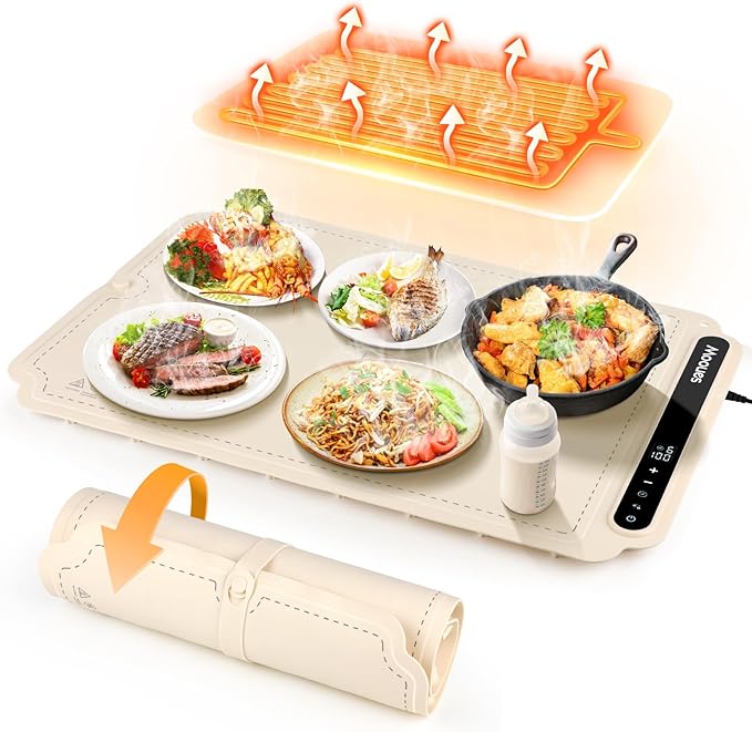 Electric Warming Tray, Portable Silicone Food Warming Mat, Versatile Full Surface Heating Food Warmer with 7 Level Temperature and 6 Hours Timer (White)